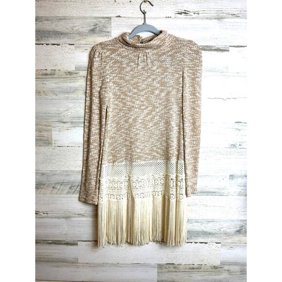 Altar’d State Women’s S Tan Cream Lace Long Sleeve Fringe Tunic Sweater Top - Picture 1 of 8
